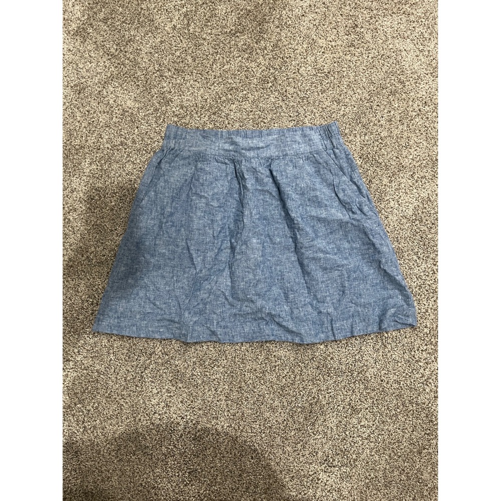 Loft Blue 55% Linen Chambray Mini Skirt Elastic Waist Pockets Size M
